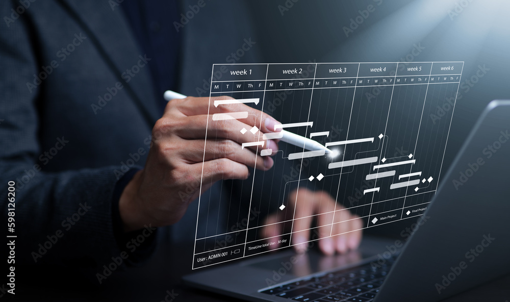 Fototapete analyst using computer working in business analytics and data management system to make report with 