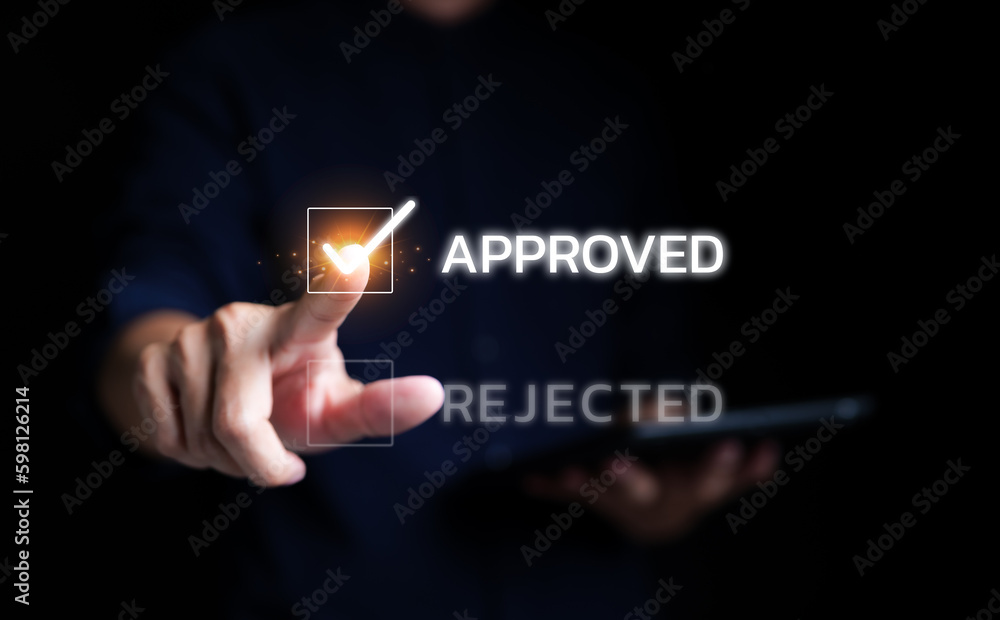 Poster businessman finger touching or making a correct mark in the document or project on the virtual scree