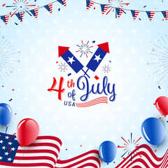 Independence Day USA celebration greeting banner template with American balloons flag decor. 4th of July celebration poster template. Vector illustration.
