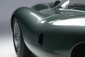 Obraz na płótnie Canvas A forest green production racer closeup of its curved wheel arches and etched bumper. Speed drive concept. AI generation. Generative AI