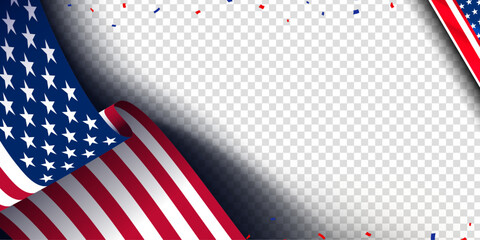American waving flag illustration with bunting on transparent background. Blank, empty, transparent, copy space for text or image, vector illustration. 