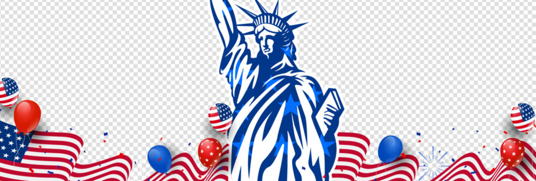 United States of America, the Statue of Liberty with the waving USA flag, fireworks, and balloons, on transparent background. Blank, empty, transparent, copy space for text or image.