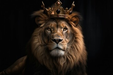 Fototapeta premium Regal lion poses majestically in a king's robe and crown. Generative AI