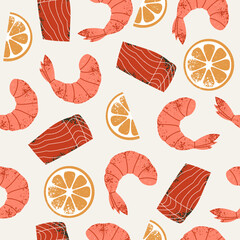 Abstract seafood seamless pattern. Shrimp with salmon and lemon slices. Vintage textured style prawn. Vector illustration