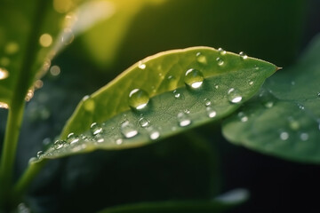 Marko shot of a green leaf with water drops, Generative AI