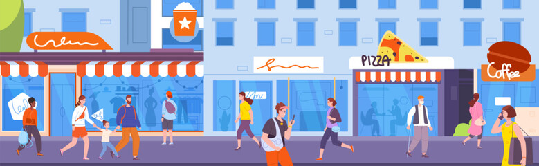 People at outside shops. Citizens walking on shopping walkway in front street showcase, city cafe terrace business building mall zone store downtown, splendid vector illustration