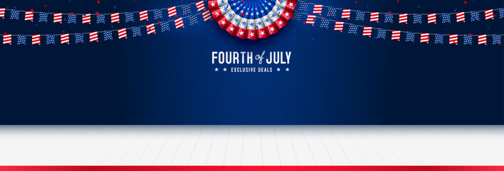 United states of america 4th of july independence day blank, copy space, product display with paper fan, bunting and white wooden floor template background. Vector illustration. - obrazy, fototapety, plakaty