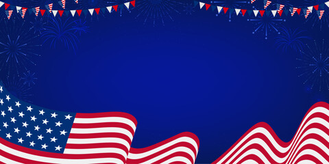 United States of America 4th of July independence day banner background with usa waving flag and bunting decoration. Blank, empty, copy space, template vector illustration.