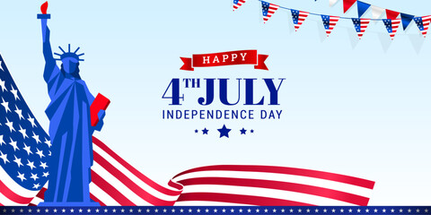 4th of July independence day greeting banner, background, template with usa waving flag, bunting decoration. Vector illustration.  © MimiAhmed