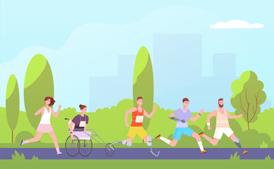 Disabled runners. Handicap athletes running paralympic athletics championship or run training outdoor marathon, runner on wheelchair