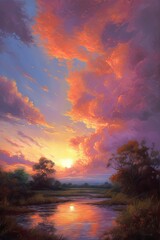 Fototapeta na wymiar Sunset Landscape Painting - Impressionism Art - Wall Decor - Generative AI