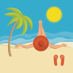 Female relax on sea sand beach travel. Summer seaside blue ocean scenic view background. Holiday vacation sea tourist travel leisure trip illustration