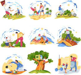 Father time with son. Parent dad enjoy recreation with kid boy, playing plane toy or sport basketball game, build tree house daddy happy fatherhood, set recent vector illustration