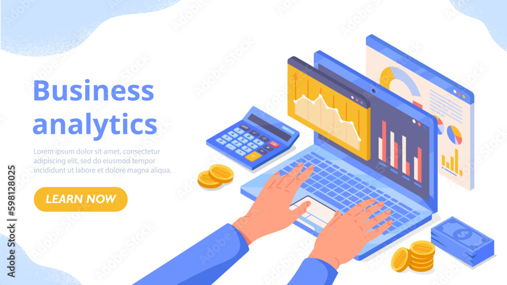 Poster business analytics concept. man sits at laptop and looks at graphs and charts. work with statistics 