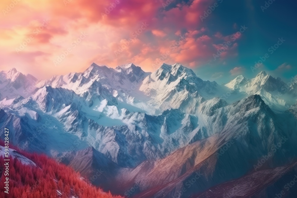 Canvas Prints Snow-capped peaks of the mountain range rose majestically into the sky, reminding all who gazed upon them of the power of nature. Generative AI