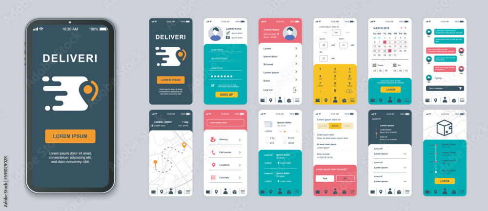 Poster delivery mobile app screens set for web templates. pack of login, ordering package, customer support