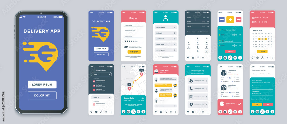 Fototapete Delivery mobile app screens set for web templates. Pack of login, ordering package, choose transportation, tracking parcel and other mockups. UI, UX, GUI user interface kit for layouts. Vector design