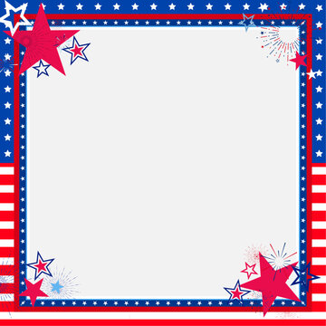United states of america independence day frame, border, template, design with star, stripe, and firework elements. Empty, blank, copy space for image or text. Vector illustration. 