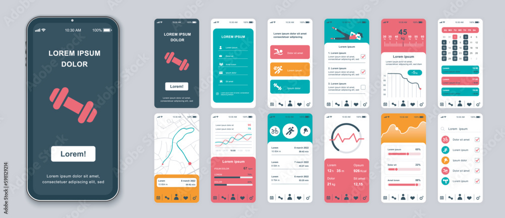 Fototapete fitness mobile app screens set for web templates. pack of login, different trainings, progress stati