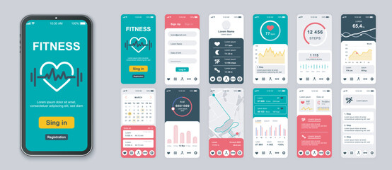 Fitness mobile app screens set for web templates. Pack of login, exercise trainings, data, running tracking, calories control, other mockups. UI, UX, GUI user interface kit for layouts. Vector design