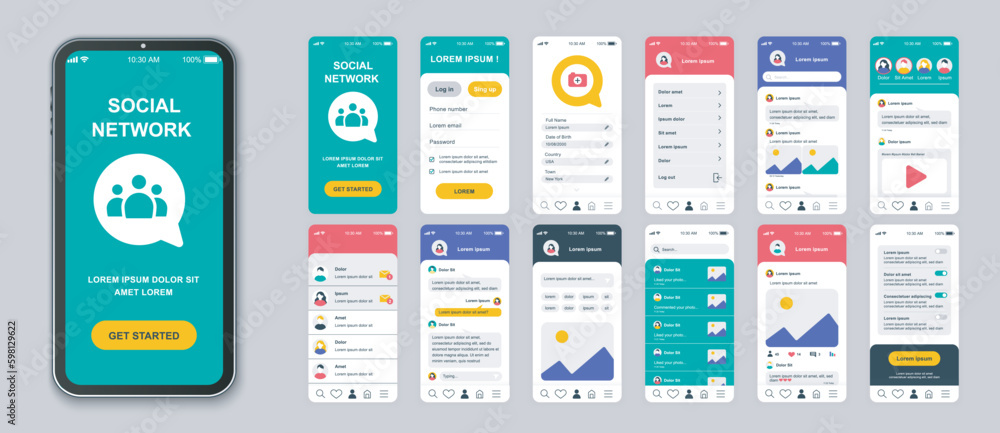 Poster social network mobile app screens set for web templates. pack of login, information profile, posts, 