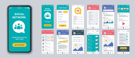 Social network mobile app screens set for web templates. Pack of login, information profile, posts, photos, friends, chats and other mockups. UI, UX, GUI user interface kit for layouts. Vector design