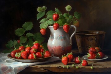 Still life oil painting. Still Life with Strawberries. Generative AI