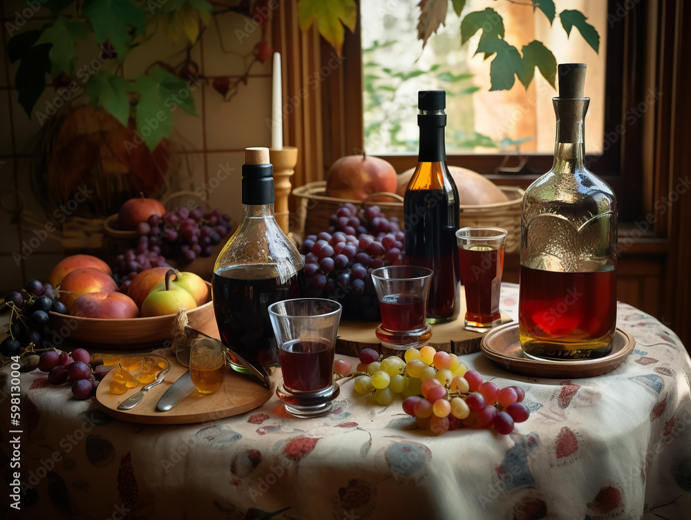Aufkleber a table topped with bottles of wine and glasses. ai generative image