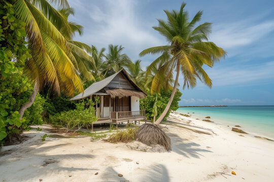 Tropical beach background, honeymoon destination, vacation advertisement. Sandy beach with palms and one wooden bungalow. generative ai. High quality photo Generative AI