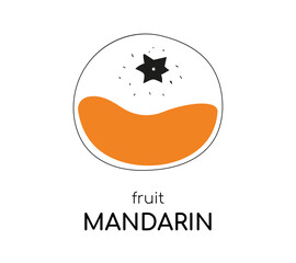 Obraz premium Contour Mandarin with an orange spot of color. Sour fruit, citrus, tangerine. Card with text for learning the word Mandarin in English. Poster or postcard. isolated object. Vector Generative AI