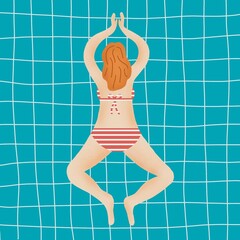 Young woman in the swimming pool. water sport and swimwear girl. swimsuit, recreation and leisure. The view from the back. Modern style