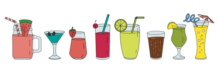 Cold refreshment summer drink. Set of smoothies in different cups