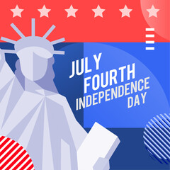 4th of july modern greeting banner, poster flyer, background with the statue of liberty, usa flag pattern, and abstract shapes. Vector illustration. 