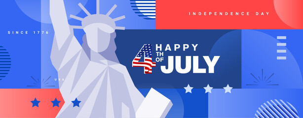 4th of july modern greeting banner, poster flyer, background with the statue of liberty, USA flag pattern, and abstract shapes. Vector illustration.  © MimiAhmed