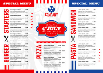 4th of July special A4 restaurant food menu design with sample item list and category. Vector design.
