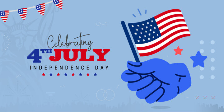 4th of July celebration greeting banner, poster, background design with patriotic hand holding the American flag and bunting decoration. Vector illustration. 