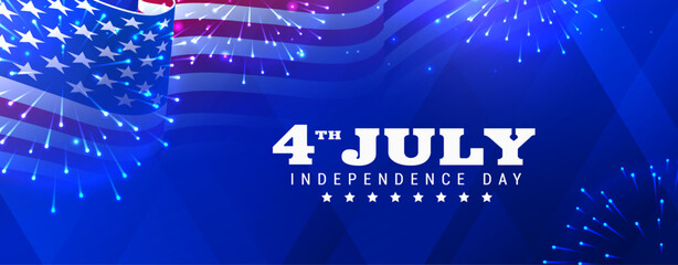 6th of July independence day celebration banner with fireworks, and usa waving flag on dark blue background. Vector illustration. 