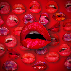 Lips and mouth. Female lip in red background. Woman lips.