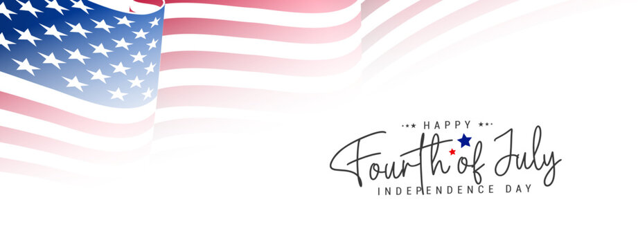 4th of July greeting banner, background, template, poster, flyer with USA waving flag, isolated on white background. Vector illustration. 