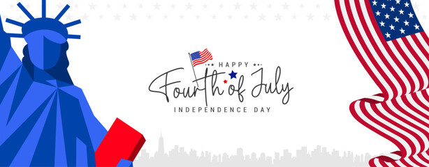 4th of July independence day banner background, poster, template, flyer with usa waving flag, and the statue of liberty on white background. Vector illustration. 