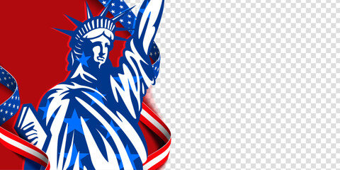 Fototapeta na wymiar Statue of liberty flyer background banner template with empty blank copy space for text or images. Design with usa ribbon, and vector illustration. 
