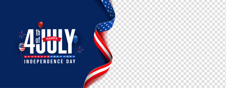 4th of July independence day greeting poster, template, banner with transparent empty, blank, copy space for text or images with USA flag ribbon. Vector illustration. 
