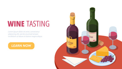 Isometric wine concept. Two bottles next to glasses of cheese and grapes. Rabolta sommelier, testing of alcoholic beverages. Landing page for restaurant website. Cartoon vector illustration