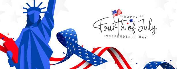 4th of July independence day banner background, poster, flyer, template, with the statue of Liberty, usa waving flag, and American ribbon isolated on white background. Vector illustration. 