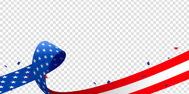 United states of America transparent greeting, banner, poster, template design with usa waving ribbon. Empty, blank, copy space for image or text. Vector illustration. 