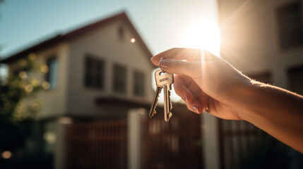 Hand with a key on the background of the house. Construction, project, moving to a new house, mortgage, rent and purchase of real estate. copy space. Generative AI Generative AI