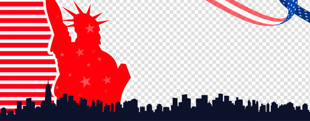 4th of july greeting banner, poster, flyer, background with the statue of liberty, usa pattern, new york skyline, us ribbon on transparent background. Empty, blank, copy space, for text or images. © MimiAhmed