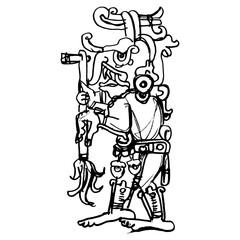 Fototapeta na wymiar Ancient Mayan monster deity holding a torch. Rain god Chaac. Codex design. Hand drawn linear doodle rough sketch. Black silhouette on white background.