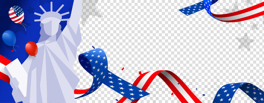 4th of july independence day transparent banner, background, template, poster with the statue of liberty, balloons, usa ribbon, etc. Empty, blank, copy space, for text or images, vector illustration. 