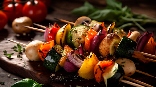 Vegetable skewers with a variety of grilled vegetables. Generative AI